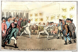 Madame Collie Fencing at Angelo's, by Thomas Rowlandson, 1816.